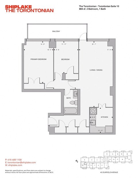 Floor plan for 2 beds, 1 bath, 869 sqft